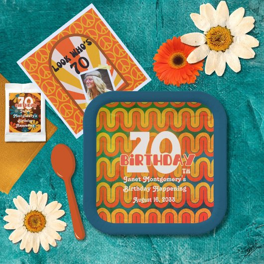 Assiettes En Carton Vague psychédélique rétro 70e anniversaire