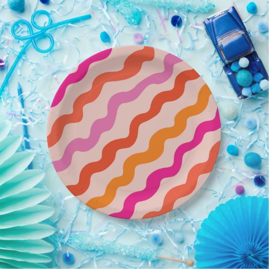 Assiettes En Carton Vagues Abstraites rayées rétro rose rouge orange (Fête)