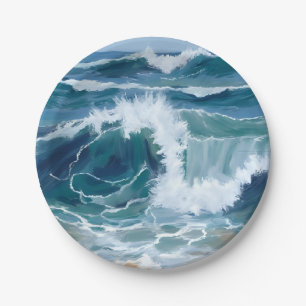 Assiettes En Carton Vagues de l'océan déferlantes   Aquarelle bleue cô