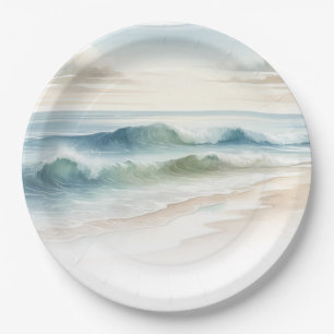 Assiettes En Carton Vagues de plage à l'aquarelle Mariage rustique côt