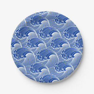 Assiettes En Carton Vagues japonaises vintages, Bleu de Cobalt et Blan