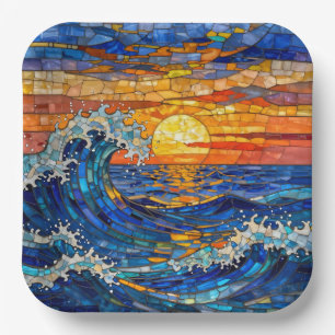 Assiettes En Carton Vagues océaniques côtières Coucher de soleil