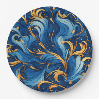 Assiettes En Carton Vagues royales de fantaisie Tourbillons de bleu et
