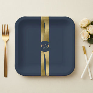 Assiettes En Carton Vagues Sculpturales Mariage Bleu Nuit Or ID1312