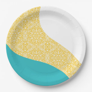 Assiettes En Carton Vagues simples - Motif floral Turquoise et Jaune