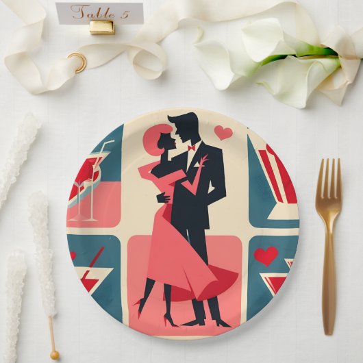 Assiettes En Carton Valentine Couple de danse Mid Century Modern (Mariage)