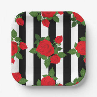 Assiettes En Carton valentine vertical stripes red roses romantic