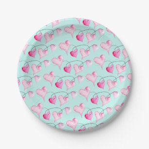 Assiettes En Carton Valentines Décor Aquarelle Coeurs roses