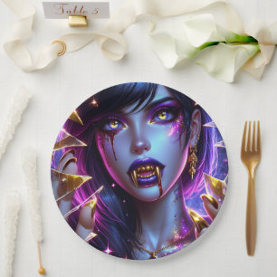 Assiettes En Carton Vampire aux Yeux et Dents en Or Halloween