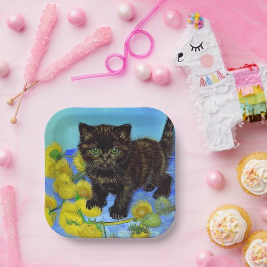 Assiettes En Carton Van Gogh Style Chat avec tournesol (Fête)