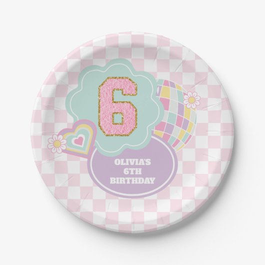 Assiettes En Carton Varsity preppy pastel patch 6e anniversaire (Devant)