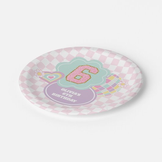 Assiettes En Carton Varsity preppy pastel patch 6e anniversaire (Angle)