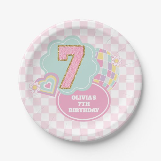 Assiettes En Carton Varsity preppy pastel patch 7e anniversaire (Devant)