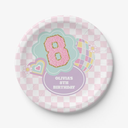 Assiettes En Carton Varsity preppy pastel patch 8e anniversaire (Devant)