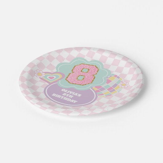 Assiettes En Carton Varsity preppy pastel patch 8e anniversaire (Angle)