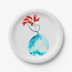 Assiettes En Carton Vase bleu Ikebana aquarelle
