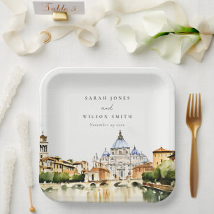 Assiettes En Carton Vatican Rome Italie Aquarelle Paysage Mariage