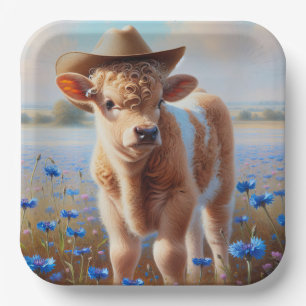 Assiettes En Carton Veau Avec Casquette Cowboy En Pâturage