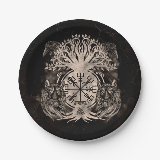 Assiettes En Carton Vegvisir -Yggdrasil Avec Ravens & Wolves (Devant)