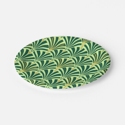 Assiettes En Carton Ventilateur Art Déco motif - vert pin et menthe (Angle)