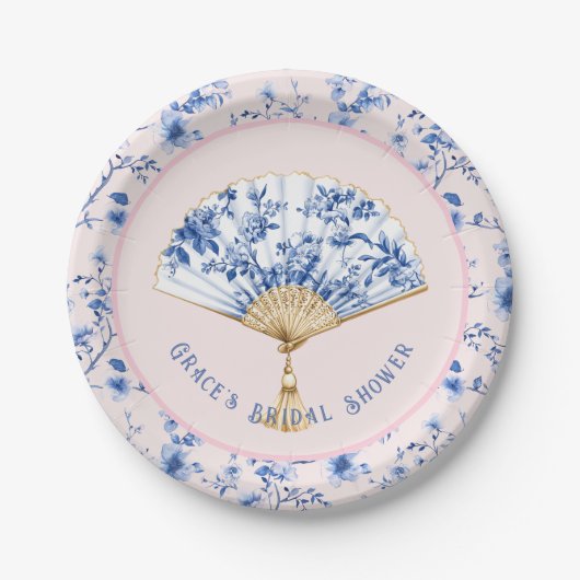 Assiettes En Carton Ventilateur Chinoiserie rose et bleu | Thé nuptial (Devant)