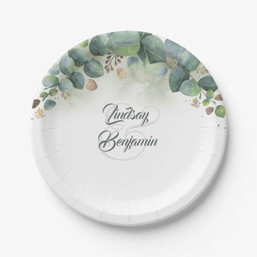 Assiettes En Carton Verdure - Eucalyptus et Mariage Feuille or (Devant)