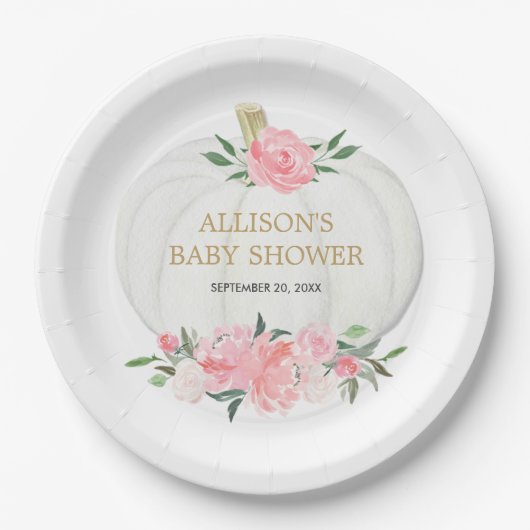 Assiettes En Carton Verdure florale rose vif citrouilles blancs (Devant)