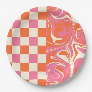 Assiettes En Carton Vérifications et Tourbillons - Rose, Orange et Crè