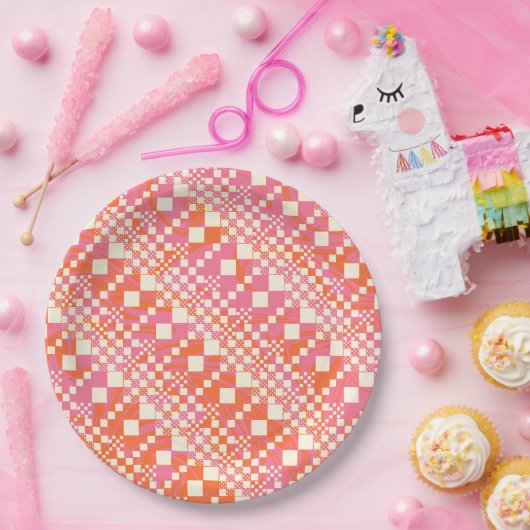 Assiettes En Carton Vérifié, Chèques - rose, orange et crème (Fête)