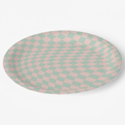 Assiettes En Carton Vérifier Motif Sage Vert Et Beige Checkerboard (Angle)