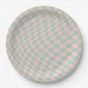 Assiettes En Carton Vérifier Motif Sage Vert Et Beige Checkerboard