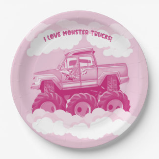 Assiettes En Carton Version rose I Love Monster Trucks Image