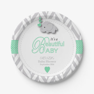 Assiettes En Carton Vert, baby shower gris blanc d'éléphant