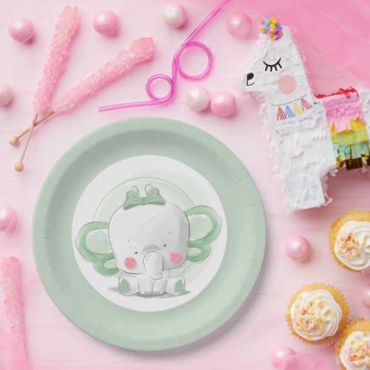 Assiettes En Carton Vert bébé éléphant (Fête)