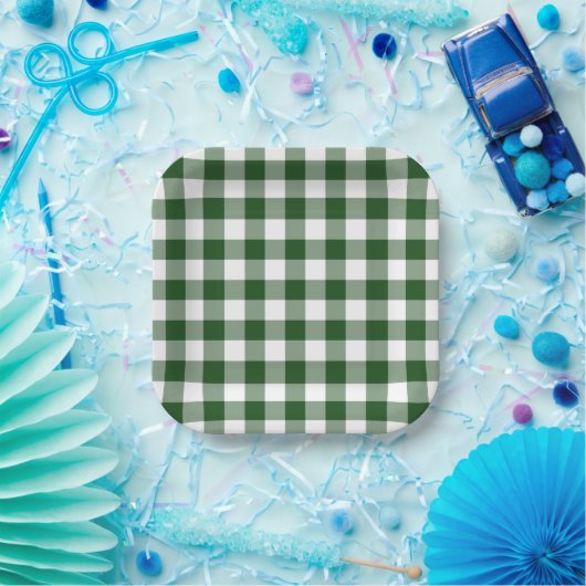 Assiettes En Carton Vert blanc En vichy Motif (Fête)