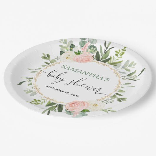 Assiettes En Carton Vert blanc rose vif or floral élégant (Angle)