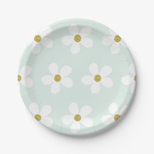 Assiettes En Carton Vert blanc Simple Motif de marguerite Or