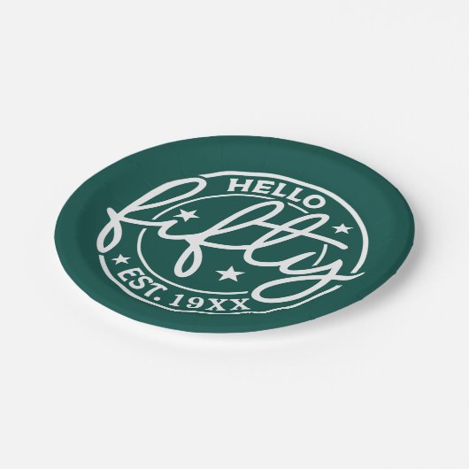 Assiettes En Carton Vert Bonjour Cinquante-Anniversaire (Angle)