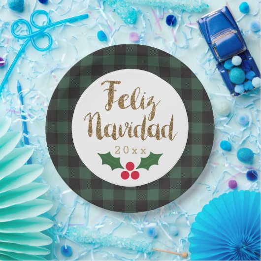 Assiettes En Carton Vert Buffalo Plaid Or Feliz Navidad (Fête)