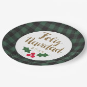 Assiettes En Carton Vert Buffalo Plaid Or Feliz Navidad (Angle)