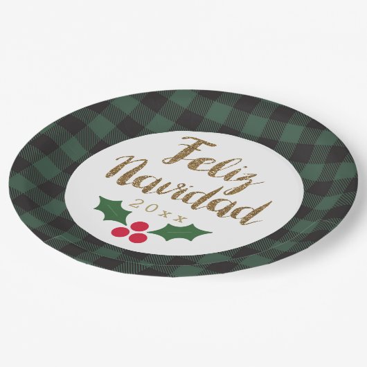 Assiettes En Carton Vert Buffalo Plaid Or Feliz Navidad (Angle)