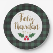 Assiettes En Carton Vert Buffalo Plaid Or Feliz Navidad (Devant)