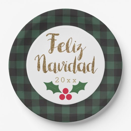 Assiettes En Carton Vert Buffalo Plaid Or Feliz Navidad (Devant)