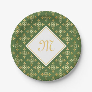 Assiettes En Carton Vert de luxe et or Quatre de monogramme floral