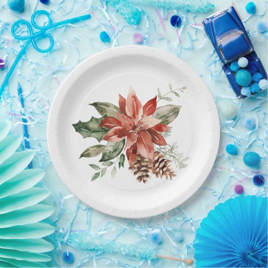 Assiettes En Carton Vert de Noël Rouge Poinsettia (Fête)