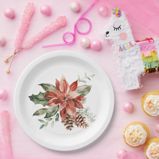 Assiettes En Carton Vert de Noël Rouge Poinsettia (Fête)
