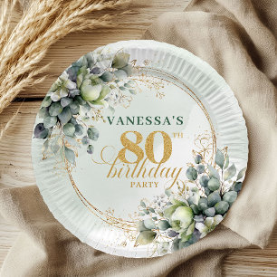 Assiettes En Carton Vert doré à l'aquarelle Eucalyptus 80e anniversair