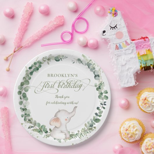 Assiettes En Carton Vert Eléphant Chic Genre Neutre 1er Anniversaire (Fête)
