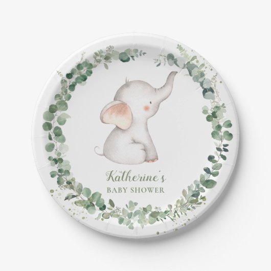 Assiettes En Carton Vert Eléphant mignon Baby shower neutre genre (Devant)