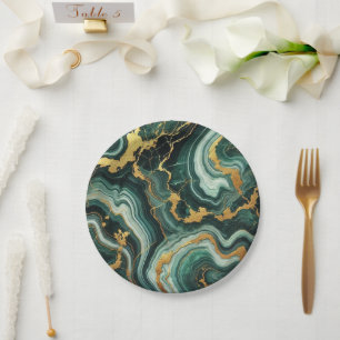 Assiettes En Carton Vert émeraude et or aspect marbre Glam mariage